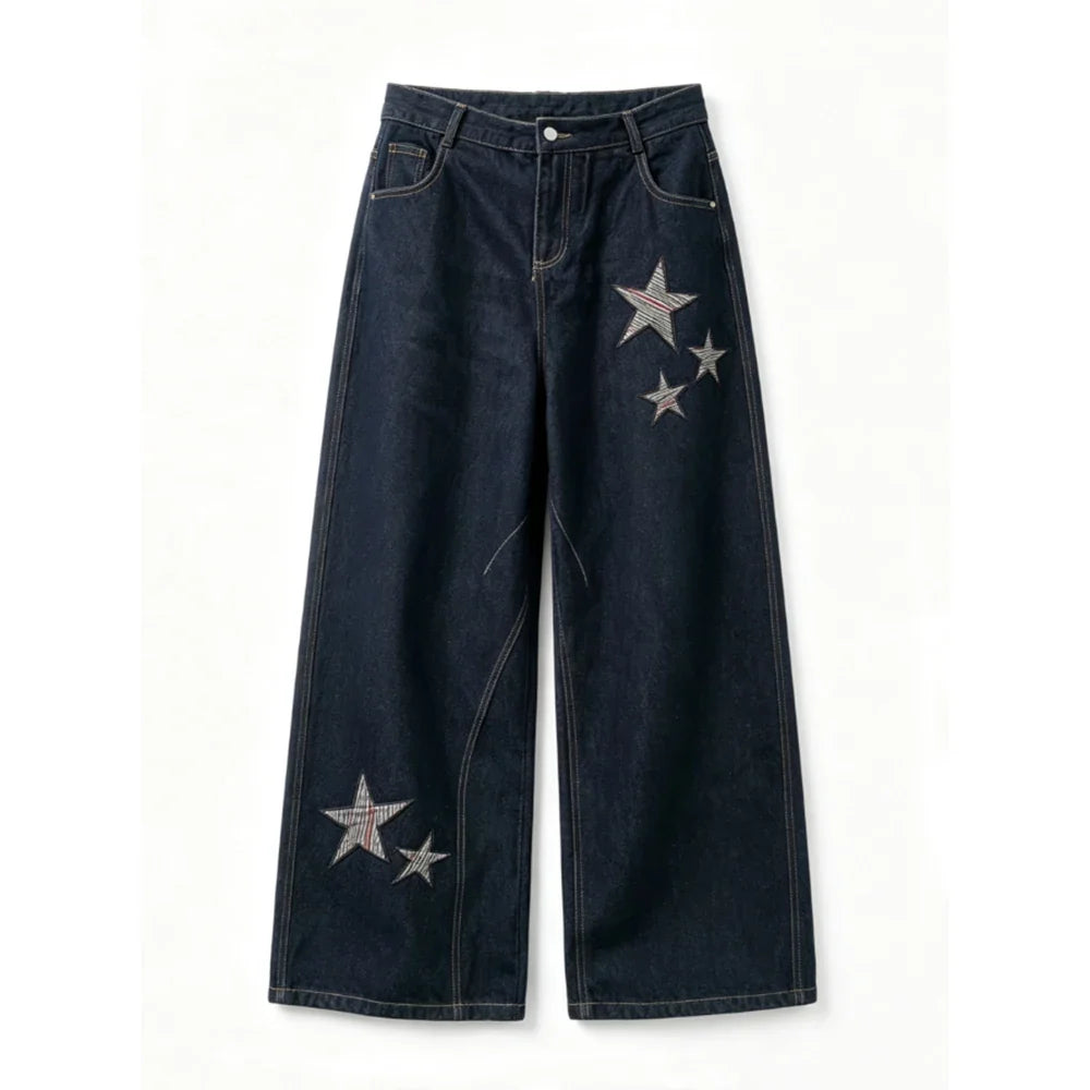 Baggy Star Embroidered Grunge Denim Jeans — vista frontale