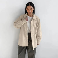 Beige Oversized Long Sleeve Button Up Shirt — vista frontale