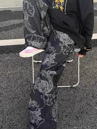 Black Dragon Print High Waist Straight Wide Leg Jeans — vista posteriore