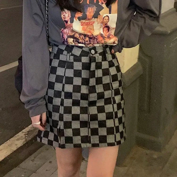 Black & Grey Plaid Checkerboard Mini Skirt — vista frontale