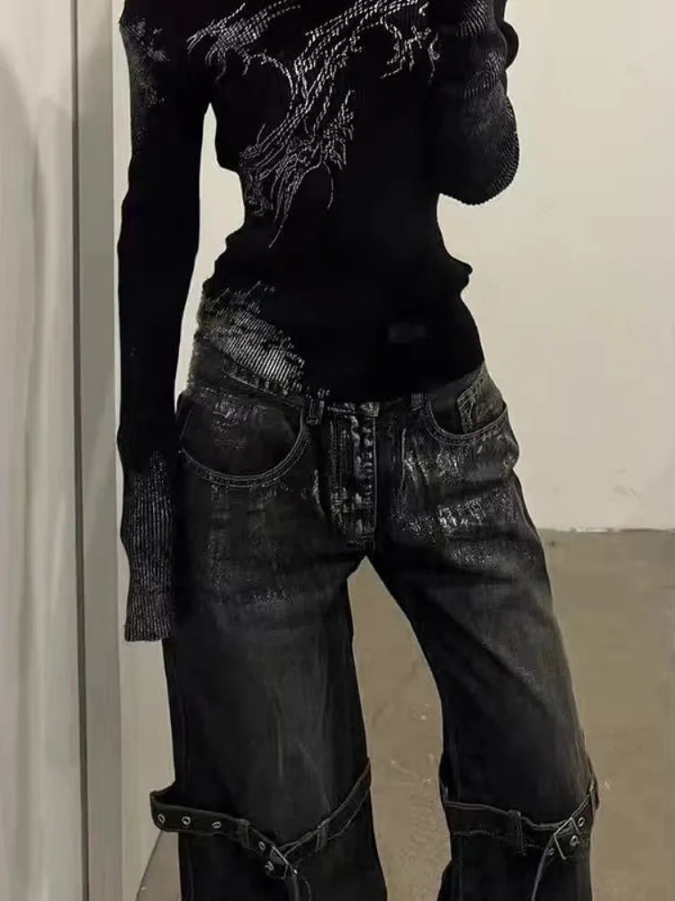 Black Grunge Boot Cut Jeans — vista laterale