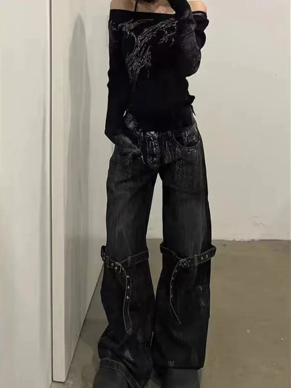 Black Grunge Boot Cut Jeans — vista frontale