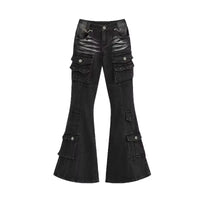 Black Low Waist Cargo Flared Jeans — vista frontale