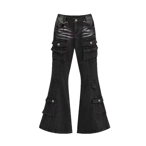 Black Low Waist Cargo Flared Jeans — vista frontale