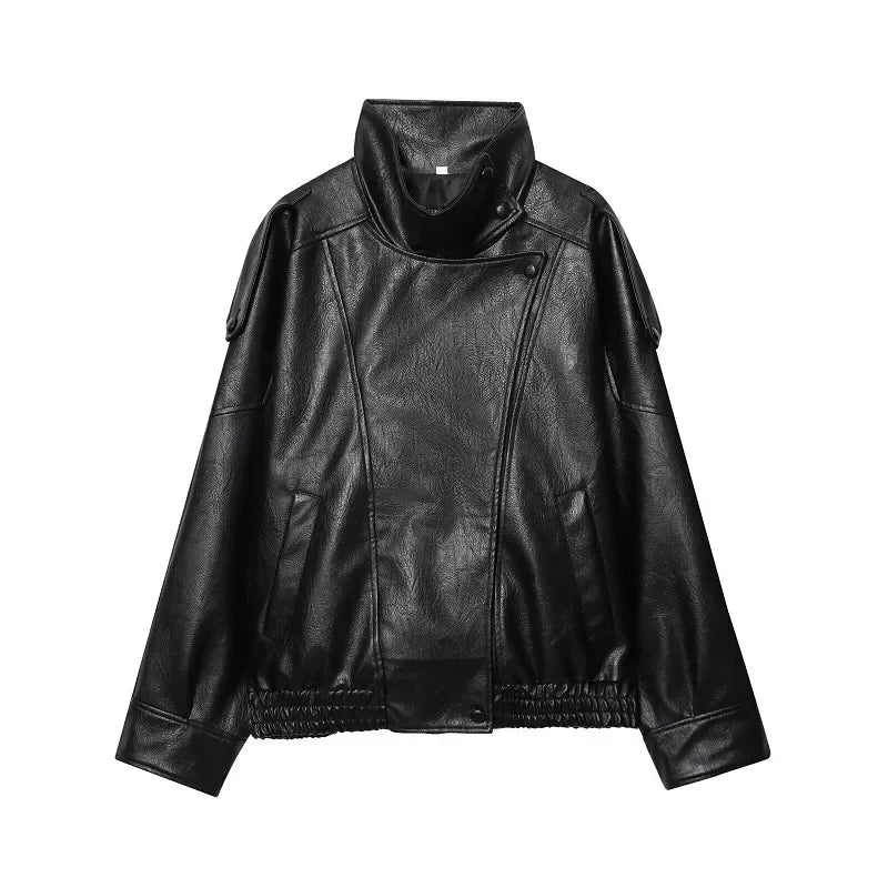 Black Snap Button Faux Leather Jacket — vista posteriore