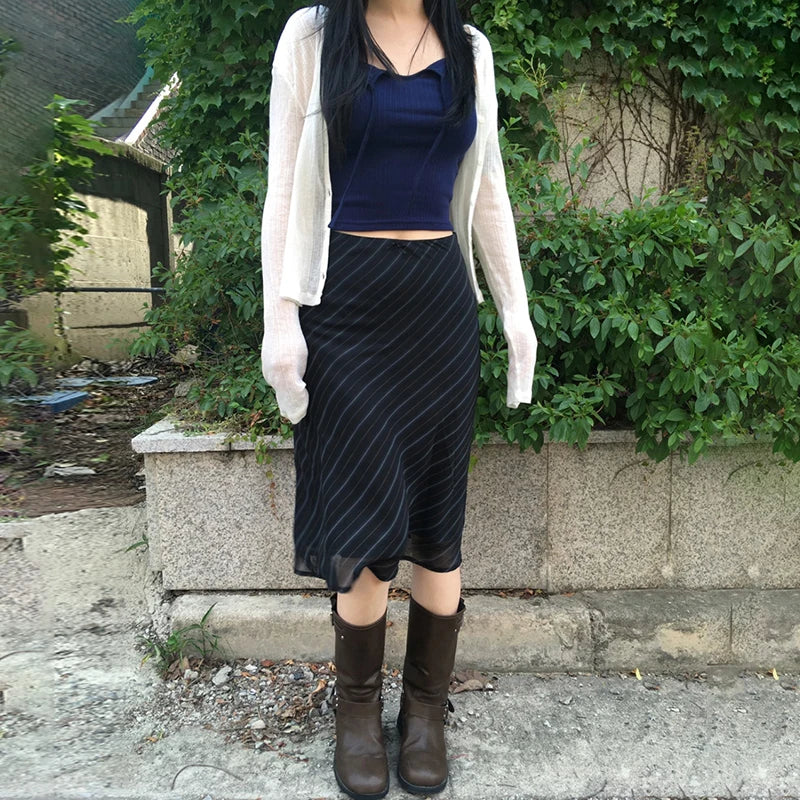 Black Striped Bow Flowy Midi Skirts — vista laterale
