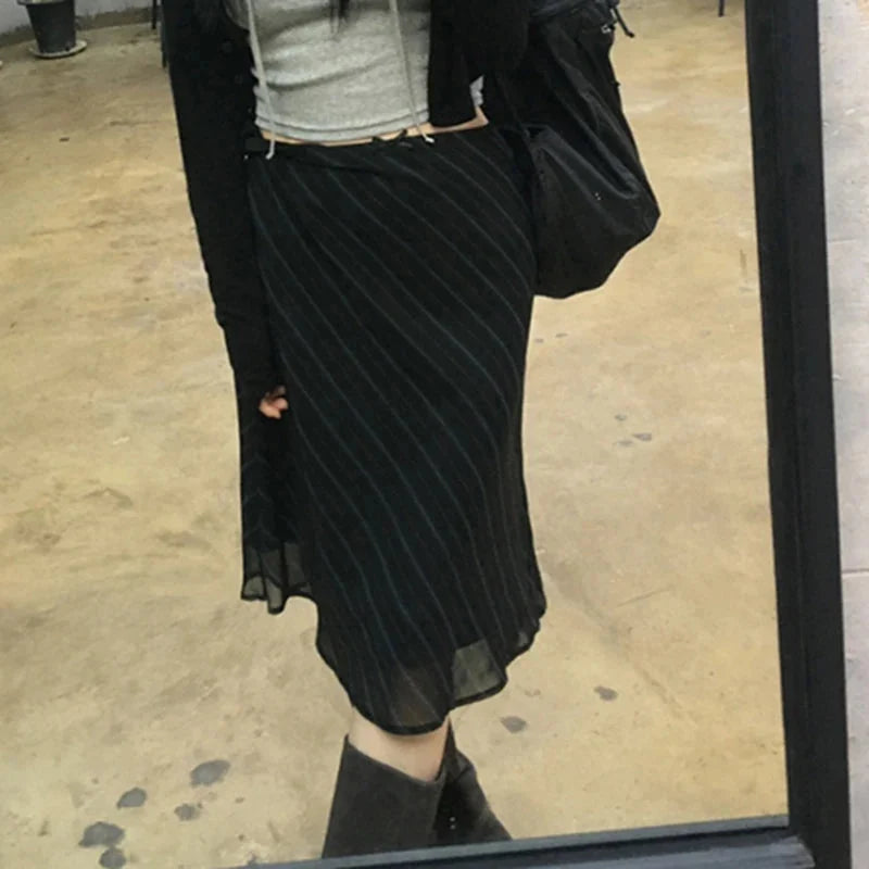Black Striped Bow Flowy Midi Skirts — vista posteriore