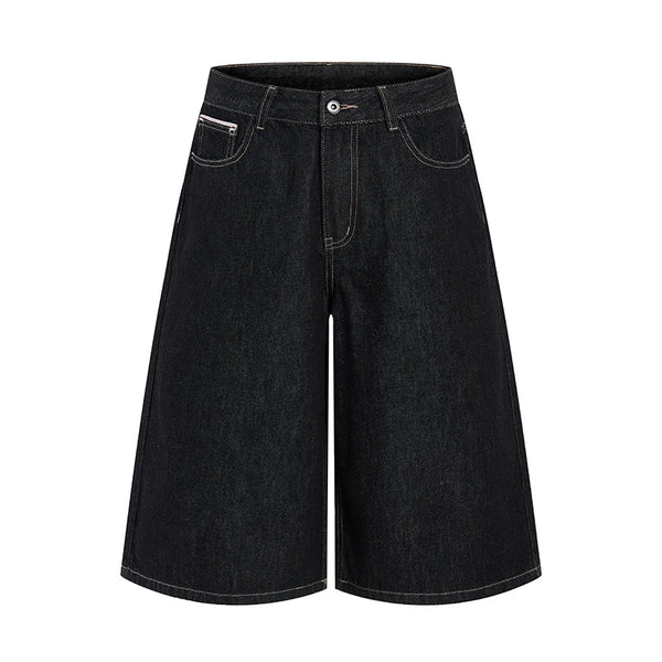 Black Wash Baggy Long Denim Shorts Jorts — vista frontale