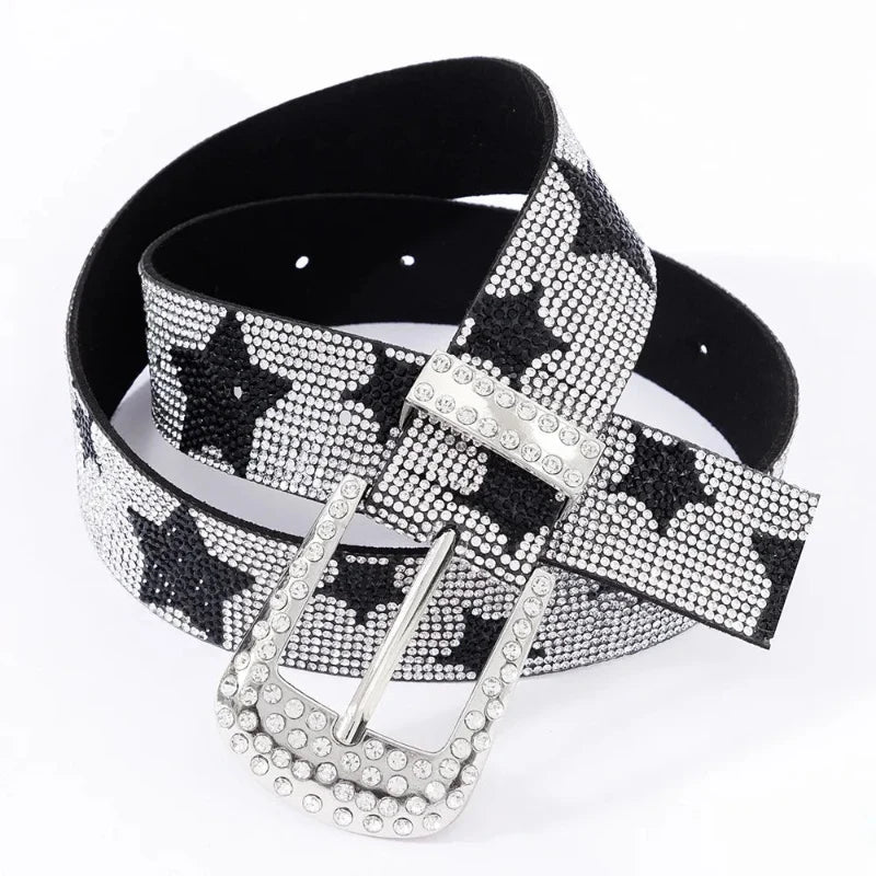 Bling Bling Star Rhinestone Faux Leather Belt — vista frontale