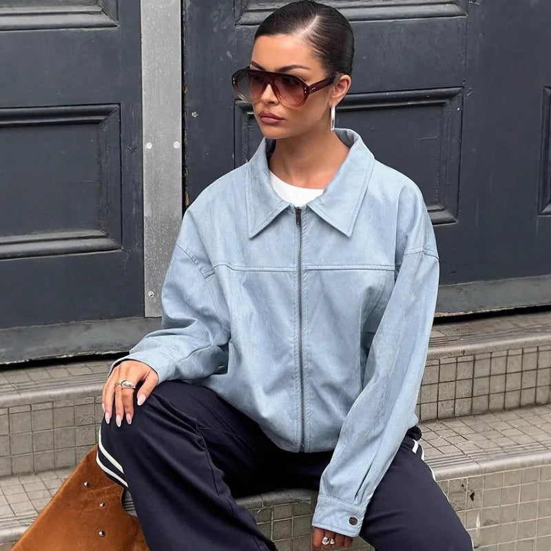 Blue Faux Suede Leather Jacket — dettaglio della stampa