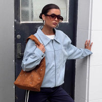 Blue Faux Suede Leather Jacket — vista laterale