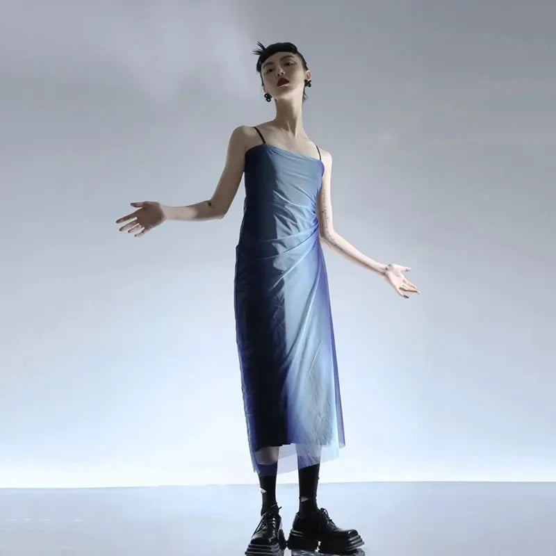 Blue Gradient Aesthetic Mesh Midi Dress — dettaglio