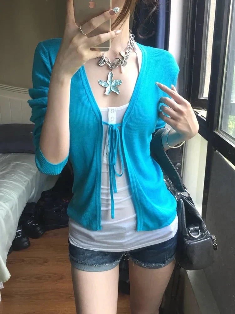 Blue Lace Up Long Sleeve Cardigan — dettaglio