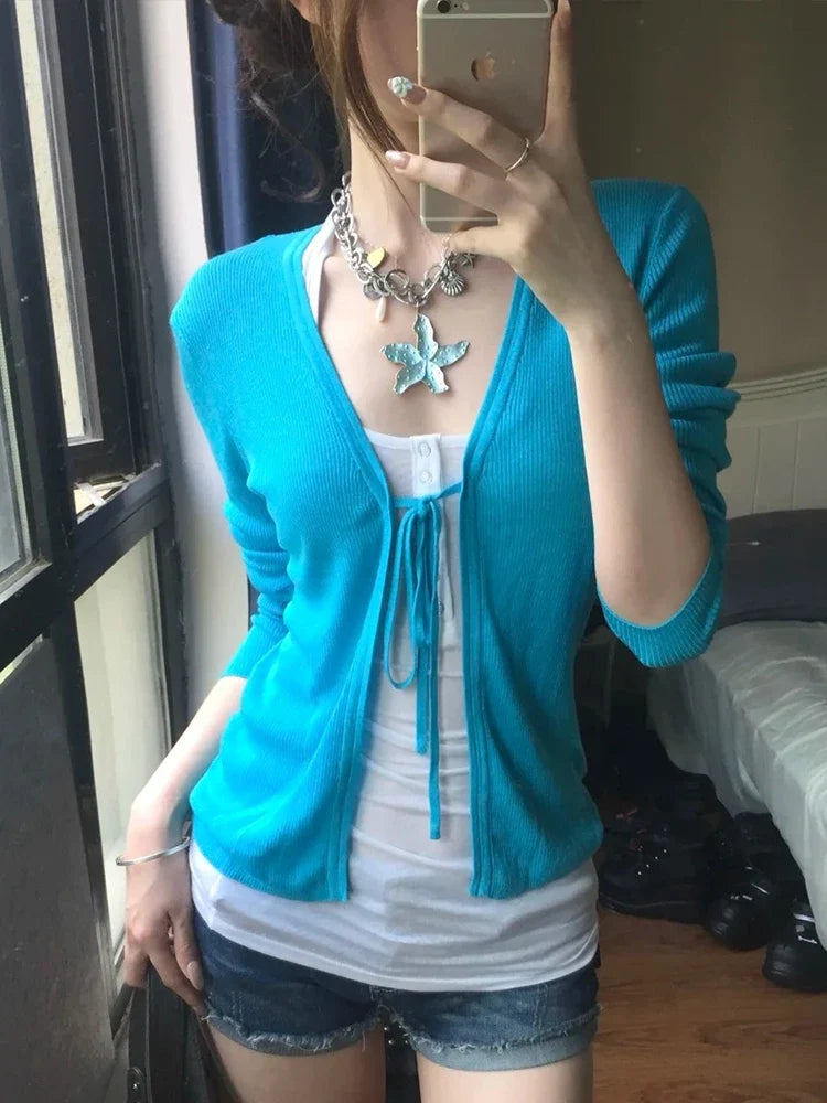 Blue Lace Up Long Sleeve Cardigan — vista laterale
