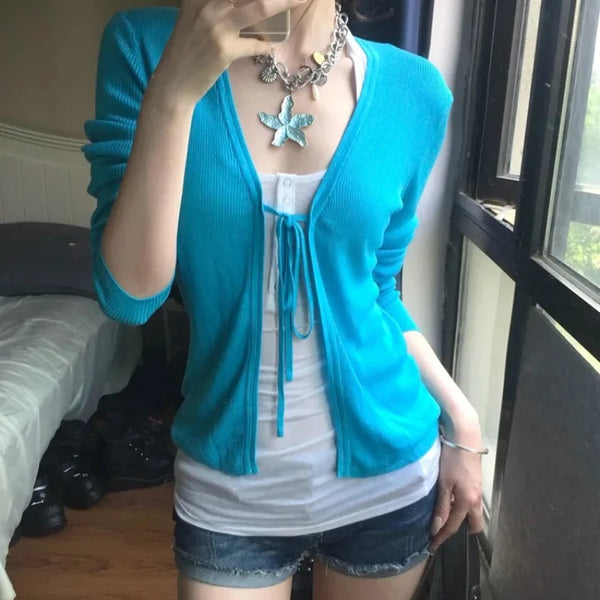 Y2K Blue Lace Up Long Sleeve Cardigan