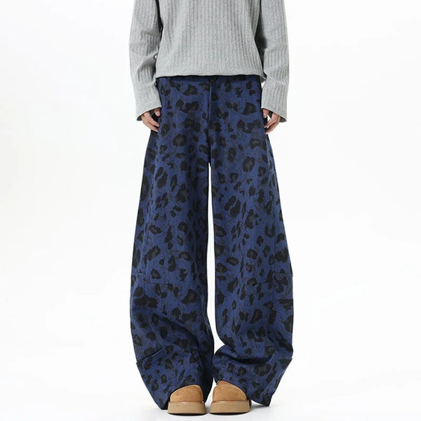 Blue Leopard Print Wide Leg Barrel Denim Jeans — vista frontale