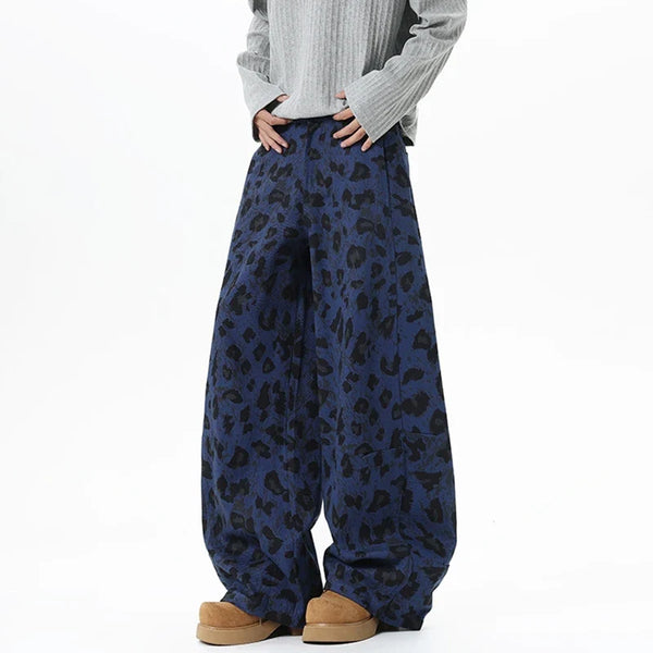Y2K Blue Leopard Print Wide Leg Barrel Denim Jeans