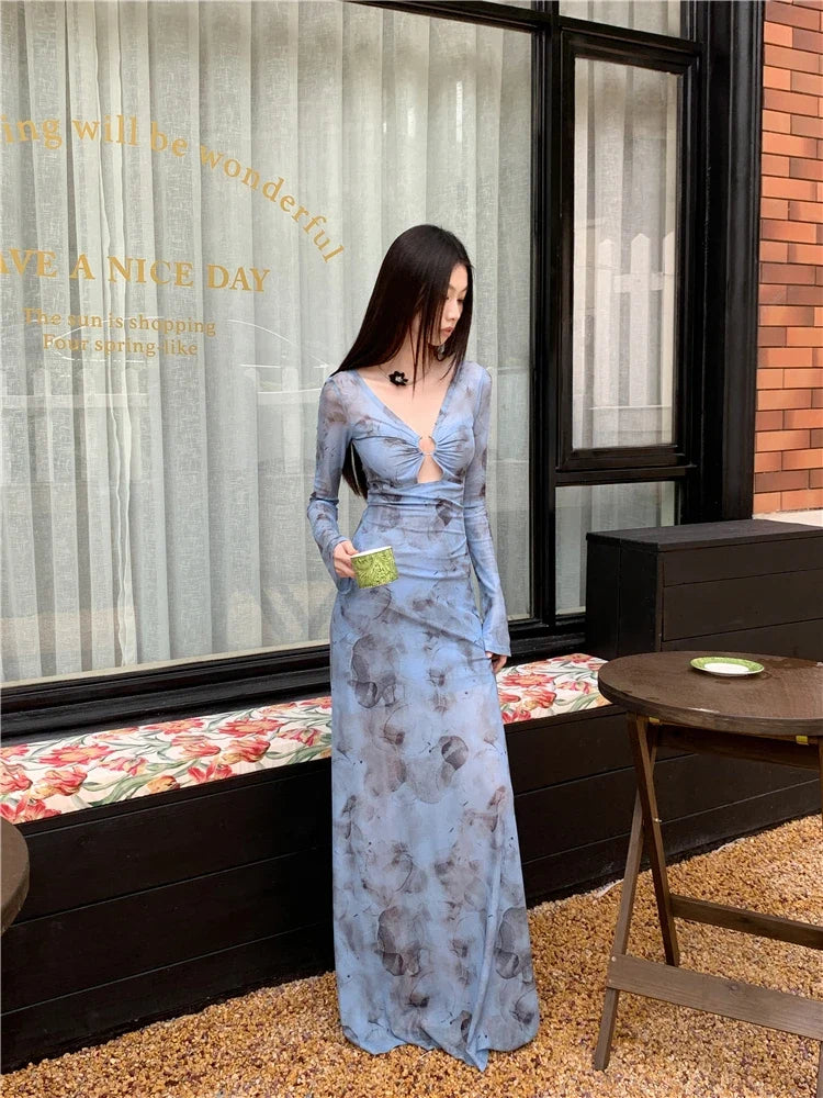 Blue Mesh Long Sleeve V Neck Maxi Dress — dettaglio