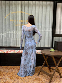 Blue Mesh Long Sleeve V Neck Maxi Dress — dettaglio della stampa