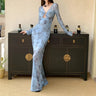 Y2K Blue Mesh Long Sleeve V Neck Maxi Dress