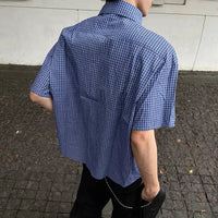 Blue Plaid Button Down Short Sleeve Shirt — vista posteriore