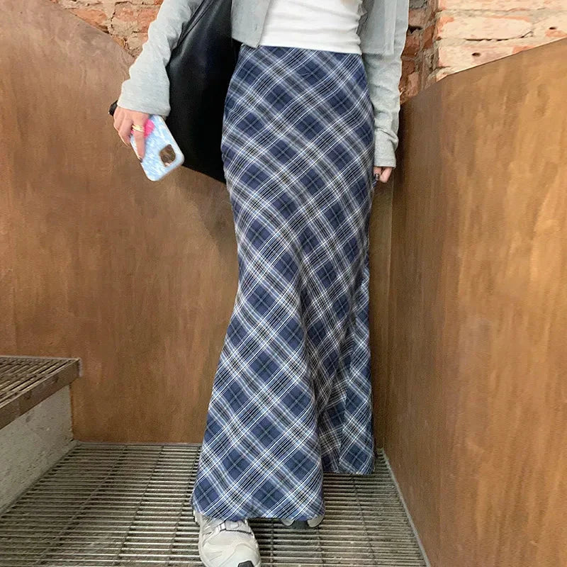 Blue Plaid Mermaid Fishtail Long Maxi Skirt — dettaglio della stampa