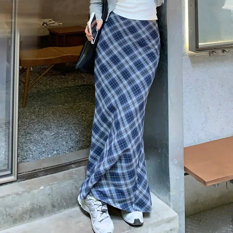 Blue Plaid Mermaid Fishtail Long Maxi Skirt — in alternativa
