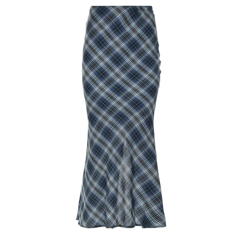 Blue Plaid Mermaid Fishtail Long Maxi Skirt — vista frontale