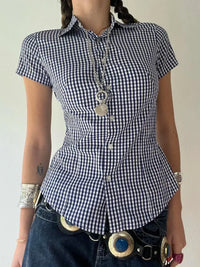 Blue Plaid Slim Button Up Short Sleeve Blouse Shirt — vista posteriore