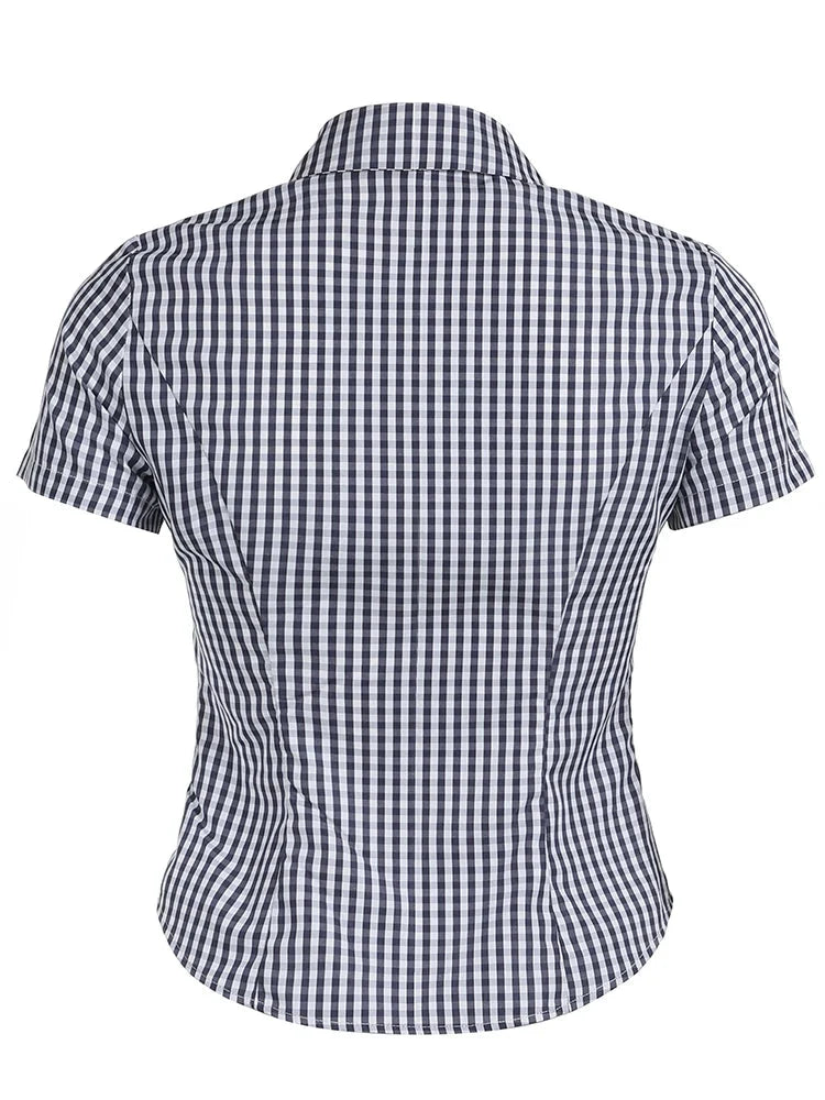 Blue Plaid Slim Button Up Short Sleeve Blouse Shirt — in alternativa