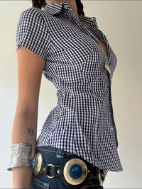 Blue Plaid Slim Button Up Short Sleeve Blouse Shirt — dettaglio