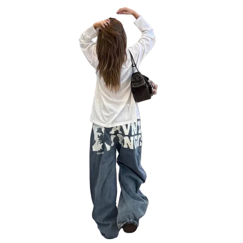 Blue Vintage Graphic High Waisted Baggy Jeans — vista frontale