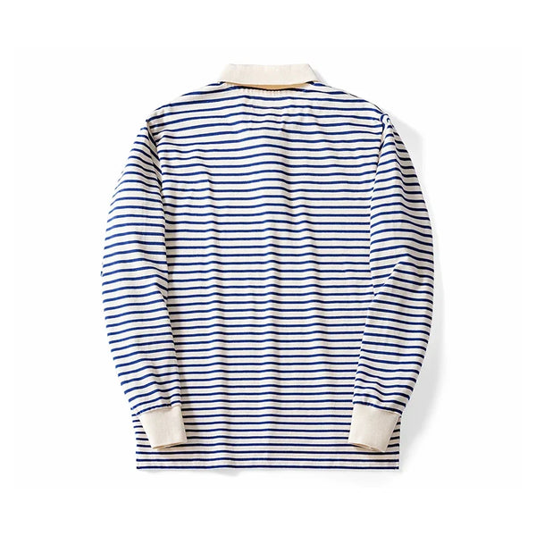 Y2K Blue and White Striped Long Sleeve Polo Shirt Top
