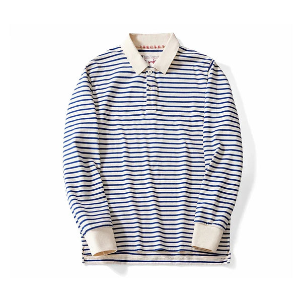 Blue and White Striped Long Sleeve Polo Shirt Top — vista frontale