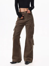 Brown Spliced High Waist Cargo Flare Jeans — dettaglio