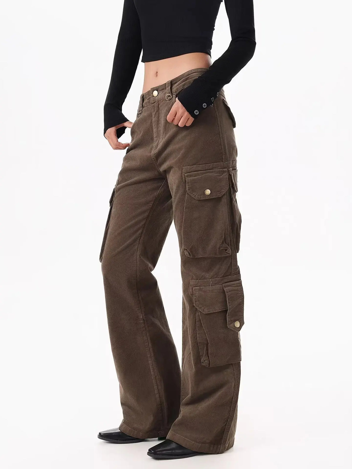 Brown Spliced High Waist Cargo Flare Jeans — dettaglio della stampa