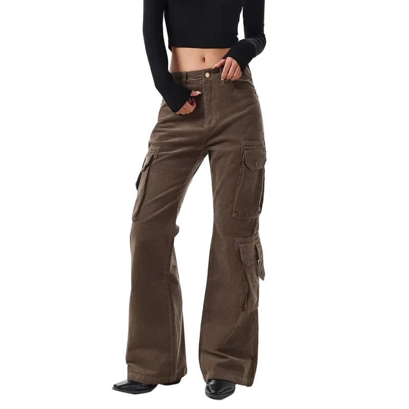 Brown Spliced High Waist Cargo Flare Jeans — vista frontale