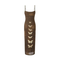 Butterly Print Brown Mesh Maxi Dress — dettaglio