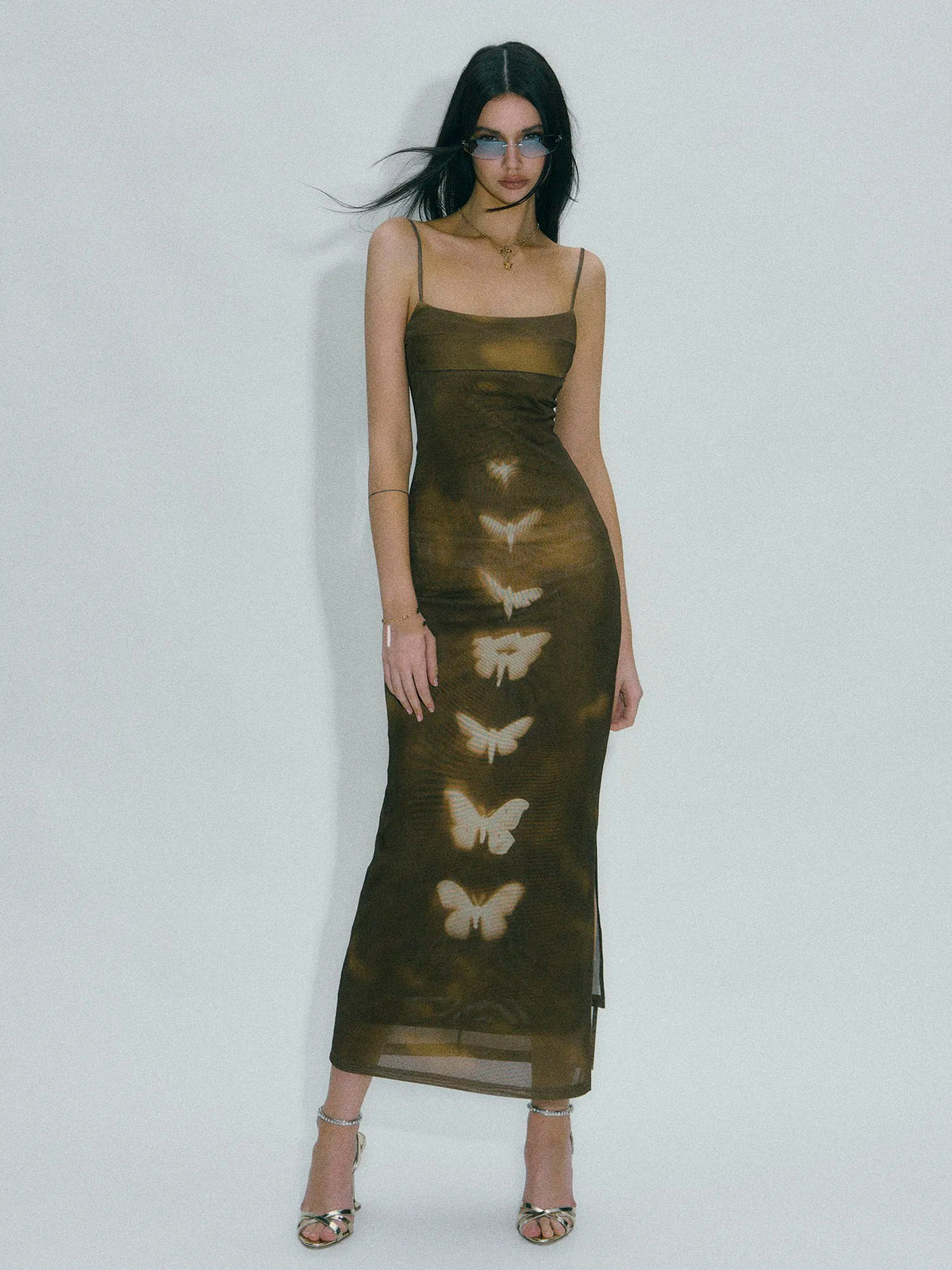 Butterly Print Brown Mesh Maxi Dress — vista frontale