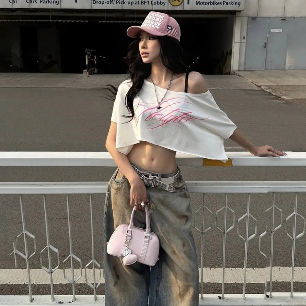 Caligraphic Baggy Off Shoulder Top — vista frontale