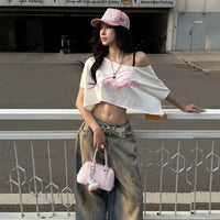 Caligraphic Baggy Off Shoulder Top — vista frontale
