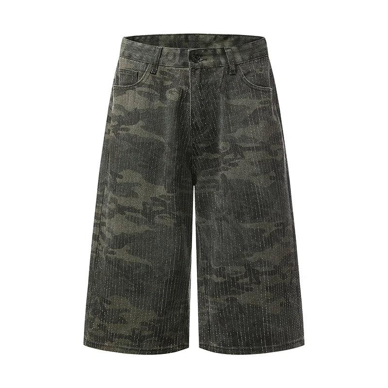 Camouflage Rhinestone Baggy Shorts Jorts — vista frontale