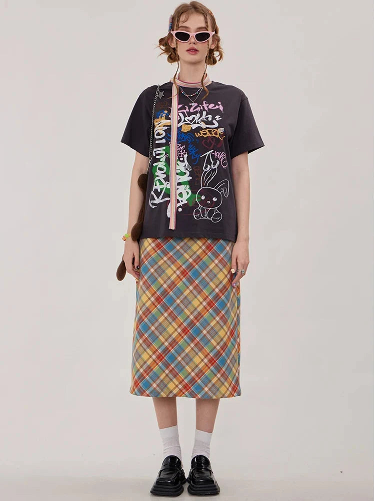 Candy Colour Plaid Straight Flowy Midi Skirt — dettaglio