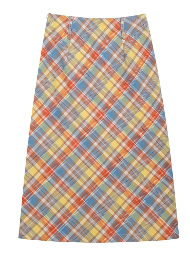Candy Colour Plaid Straight Flowy Midi Skirt — vista frontale