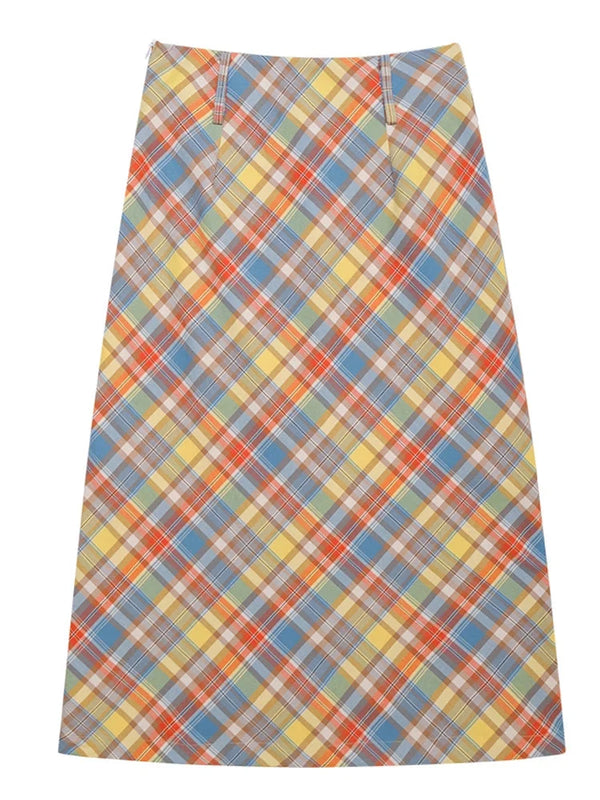 Candy Colour Plaid Straight Flowy Midi Skirt — vista frontale