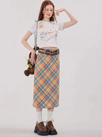 Candy Colour Plaid Straight Flowy Midi Skirt — vista posteriore