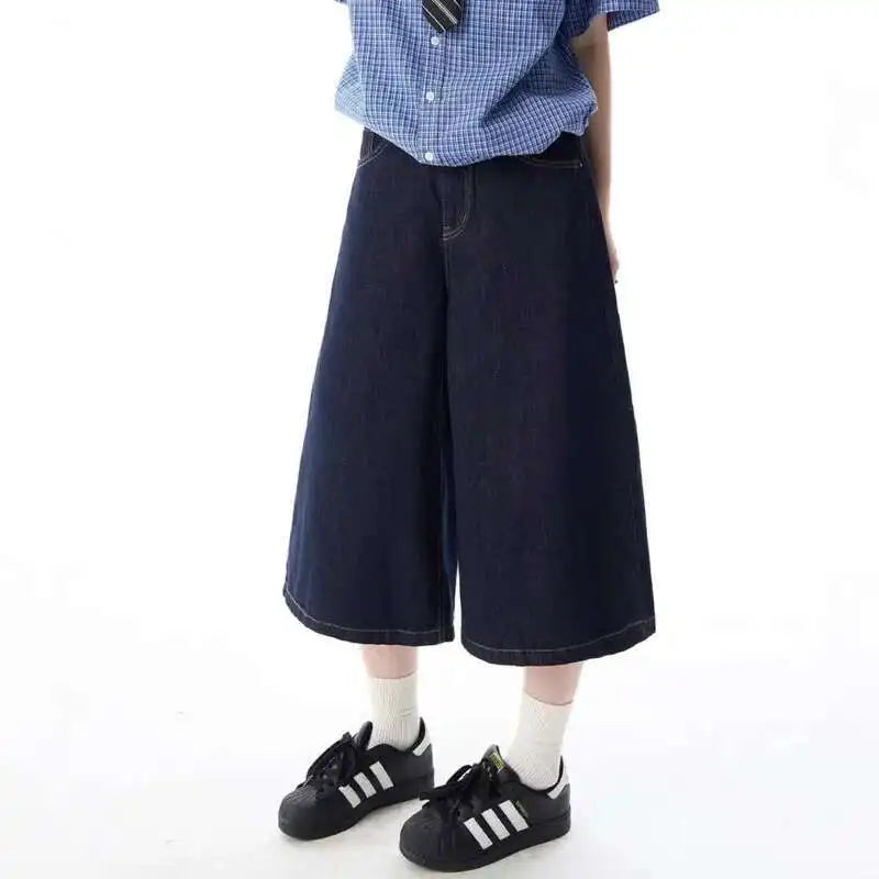Casual Solid Wide Leg Denim Shorts Jorts — vista frontale