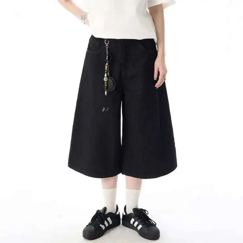 Casual Solid Wide Leg Denim Shorts Jorts — vista posteriore