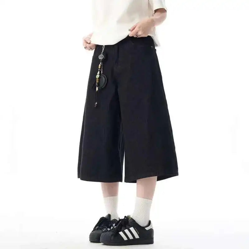 Casual Solid Wide Leg Denim Shorts Jorts — dettaglio