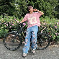 Cherry Blossom Embroidered Baggy Jeans — dettaglio della stampa